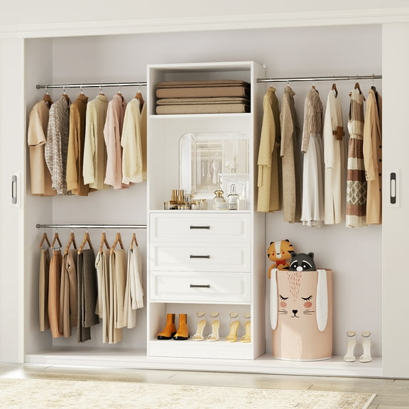 Homieasy 48" W - 96” W Closet System with Mirror, 8FT Walk in Closet Organizer Kit with Drawers and 3 Extendable Hanging Rods, Sturdy Wood Clothing Garment Rack with 25” Tower, White