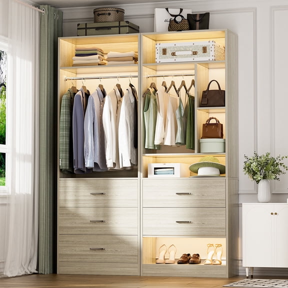 Homieasy 48" Walk-in Closet System - Heavy Duty Closet Organizer with 5 Wood Drawers, 2 Hanging Rods & 7 Shelves (48"L x 15"W x 80"H) for Bedroom, Entryway, Modern,White Oak