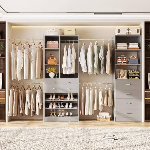 Homieasy 49-127 inch Adjustable Closet Organizer System with 6 Drawers, Walk-in Closet System and Storage System with 5 Hanging Rods & Shelves for Closet/Bedroom, Gray
