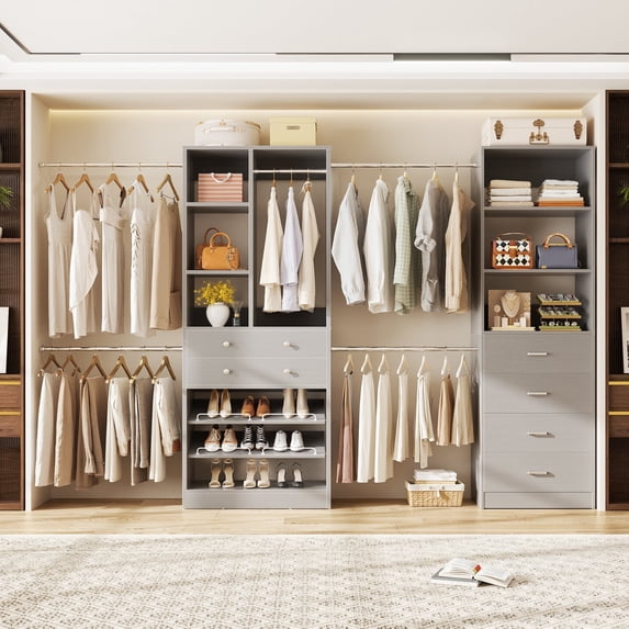 Homieasy 49-127 inch Adjustable Closet Organizer System with 6 Drawers, Walk-in Closet System and Storage System with 5 Hanging Rods & Shelves for Closet/Bedroom, Gray