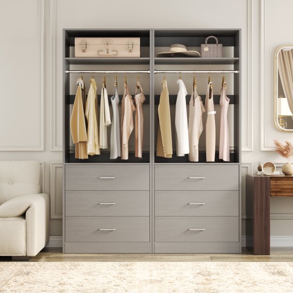 Homieasy 4FT (48 Inch) Closet Organizer System,Set of 2 - 6 Wood Drawers, 2 Hanging Rods & 2 Shelves, Heavy Duty Walk-in Closet Storage,Gray