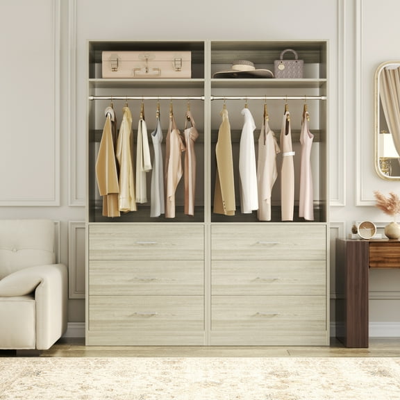 Homieasy 4FT (48 Inch) Closet Organizer System,Set of 2 - 6 Wood Drawers, 2 Hanging Rods & 2 Shelves, Heavy Duty Walk-in Closet Storage,White Oak