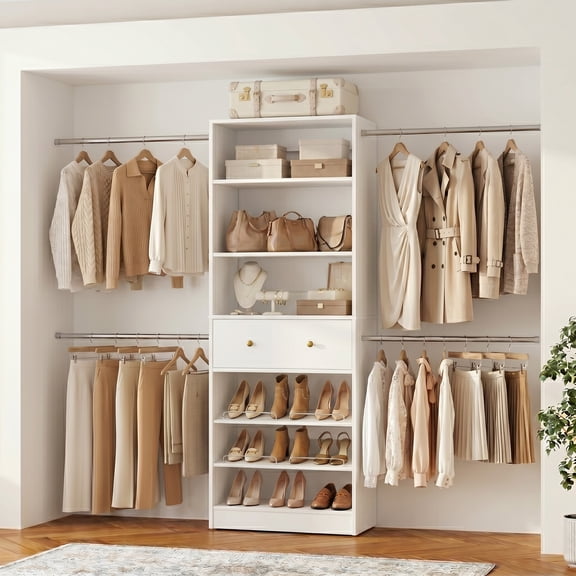 Homieasy 4FT-9FT Closet Organizer System with Drawer & 4 Hanging Rods, White