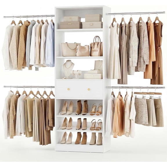 Homieasy 4FT-9FT Closet Organizer System with Drawer & 4 Hanging Rods, White