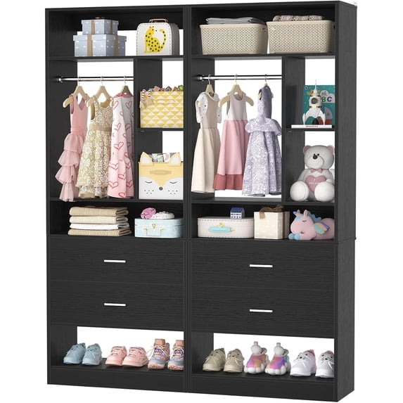Aheaplus 4FT Closet Organizer System Set of 2 - All-in-One with 4 Wood Drawers, 10+ Shelves & Dual Hanging Rods (48"L x 15"W x 80"H),Black