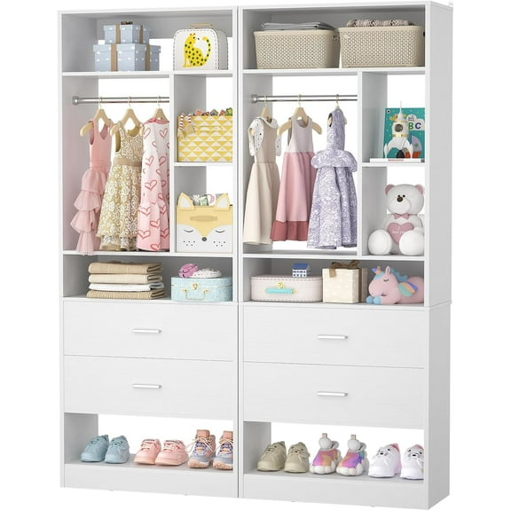 Homieasy 4FT Closet Organizer System Set of 2 - All-in-One with 4 Wood Drawers, 10+ Shelves & Dual Hanging Rods (48"L x 15"W x 80"H),White