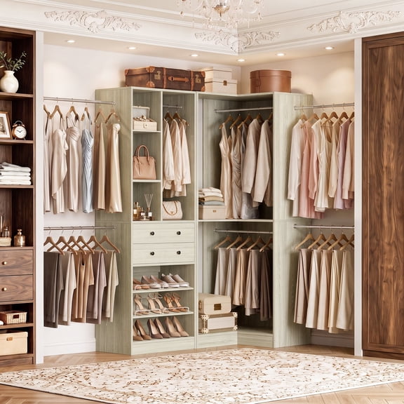 Homieasy 5-11.5 FT Adjustable All-In-One Closet Storage System, Corner Closet Organizer with Drawers, Hanging Rods & Adjustable Shelves, White Oak