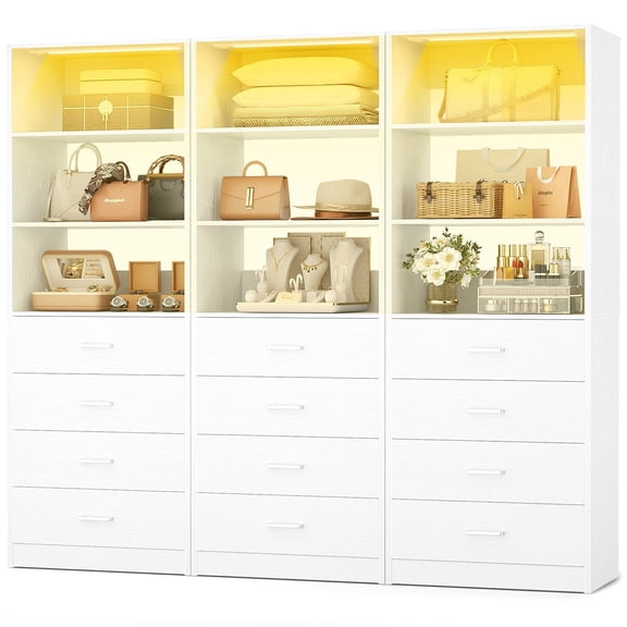 Homieasy 5.3FT Closet System with 3 Motion Sensor Lights, Modular Closet Storage System with 12 Wood Drawers and 12 Shelves for Walk-in Closet, Bedroom, White, 3 Packs