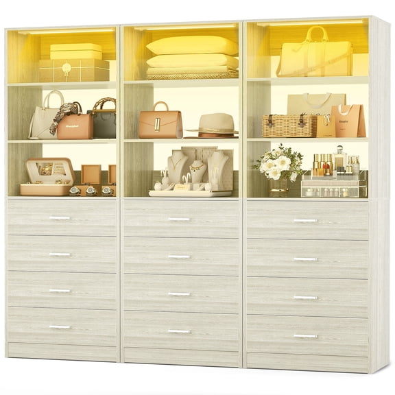 Homieasy 5.3FT Closet System with 3 Motion Sensor Lights, Modular Closet Storage System with 12 Wood Drawers and 12 Shelves for Walk-in Closet, Bedroom, White Oak, 3 Packs