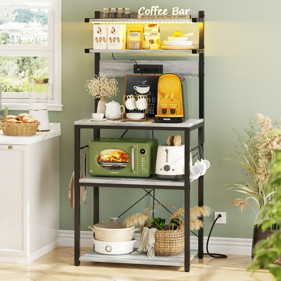 Homieasy 5-Tier Bakers Rack with Power Outlets and LED Lights, 58" Tall Coffee Bar Microwave Stand with 6 Hooks for Kitchen, Dining
