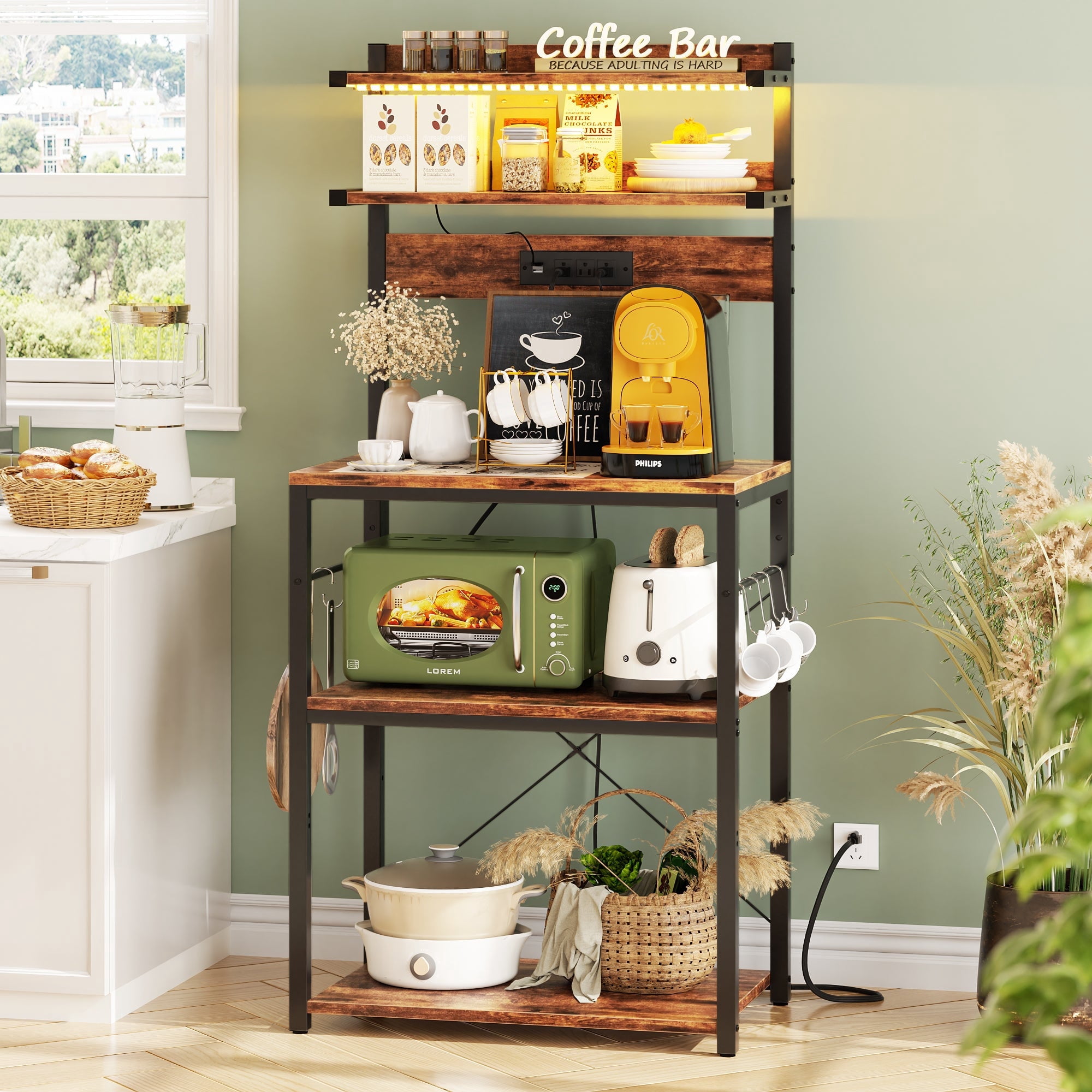 Homieasy 5-Tier Bakers Rack with Power Outlets and LED Lights, 58" Tall Coffee Bar Microwave Stand with 6 Hooks for Kitchen, Dining