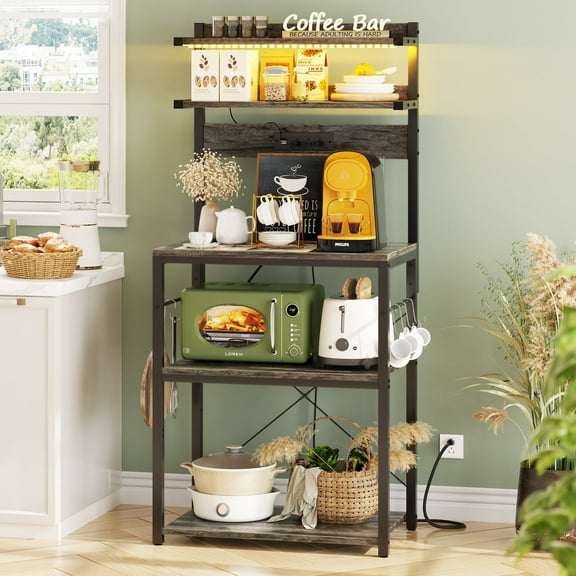 Homieasy 5-Tier Bakers Rack with Power Outlets and LED Lights, 58" Tall Coffee Bar Microwave Stand with 6 Hooks for Kitchen, Dining