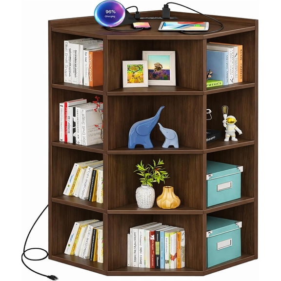 Homieasy 5-Tier Corner Cabinet with Power Outlets & 12 Storage Cubes - Wooden L-Shaped Bookshelf, Toy Organizer for Home Office, Bedroom, Living Room,Black Walnut