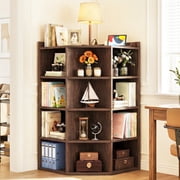 Homieasy 5-Tier Corner Cabinet with Power Outlets & 12 Storage Cubes - Wooden L-Shaped Bookshelf, Toy Organizer for Home Office, Bedroom, Living Room,Black Walnut