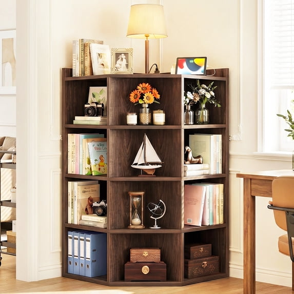 Homieasy 5-Tier Corner Cabinet with Power Outlets & 12 Storage Cubes - Wooden L-Shaped Bookshelf, Toy Organizer for Home Office, Bedroom, Living Room,Black Walnut