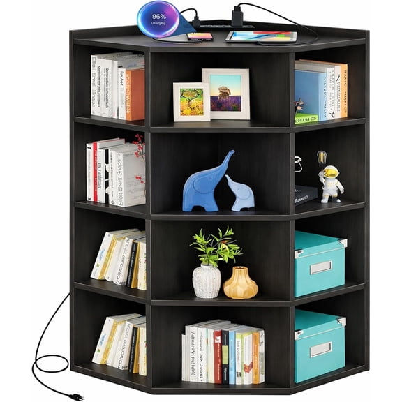 Homieasy 5-Tier Corner Cabinet with Power Outlets & 12 Storage Cubes - Wooden L-Shaped Bookshelf, Toy Organizer for Home Office, Bedroom, Living Room,Black