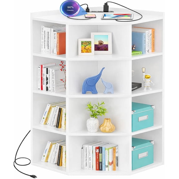 Homieasy 5-Tier Corner Cabinet with Power Outlets & 12 Storage Cubes - Wooden L-Shaped Bookshelf, Toy Organizer for Home Office, Bedroom, Living Room,White