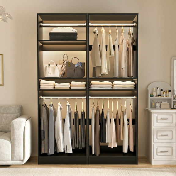 Homieasy 50'' Closet Organizer System, Set of 2, Heavy Duty Closet Storage & Organizer with 4 Hanging Rods and Adjustable Shelves, for Walk in Closet, Bedroom, Black