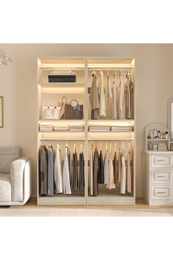 50'' Closet Organizer System, Set of 2, Heavy Duty Closet Storage & Organizer with 4 Hanging Rods and Adjustable Shelves, for Walk in Closet, Bedroom, White Oak