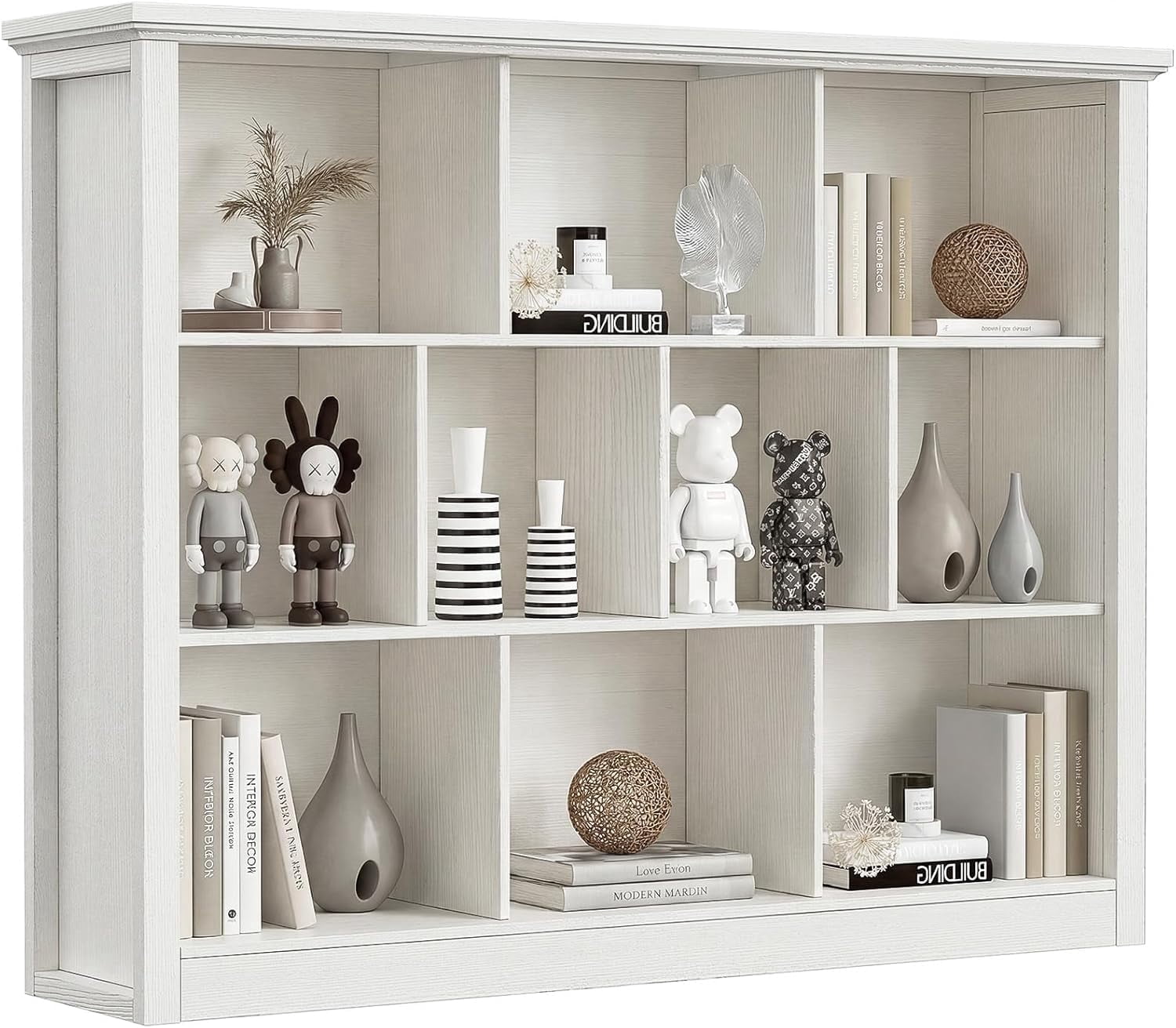 Homieasy 50" Wood Cube Storage Organizer, 10 Cube Storage Book Shelf, Wooden 3 Tiers Floor Standing Low Bookcase for Living Room, Bedroom, Home Office, Kids Room, White