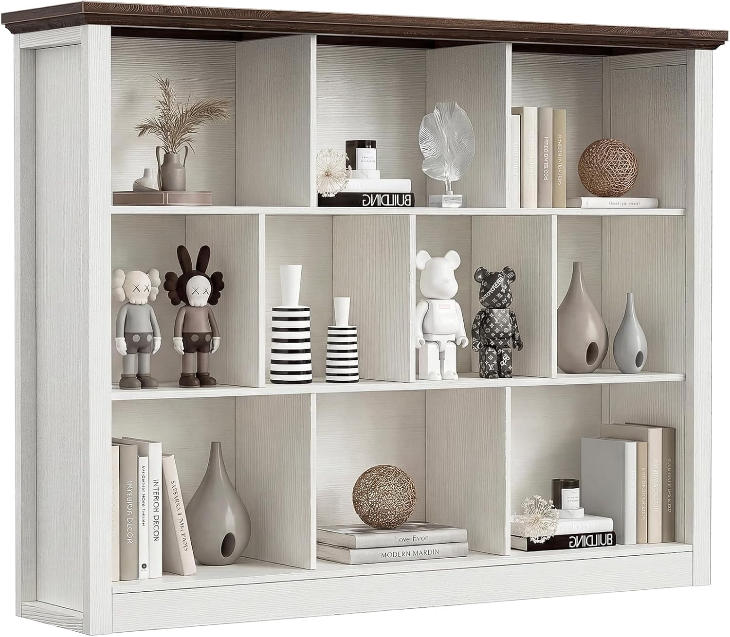 Homieasy 50" Wood Cube Storage Organizer, 10 Cube Storage Book Shelf, Wooden 3 Tiers Floor Standing Low Bookcase for Living Room, Bedroom, Home Office, Kids Room, White & Rustic Brown