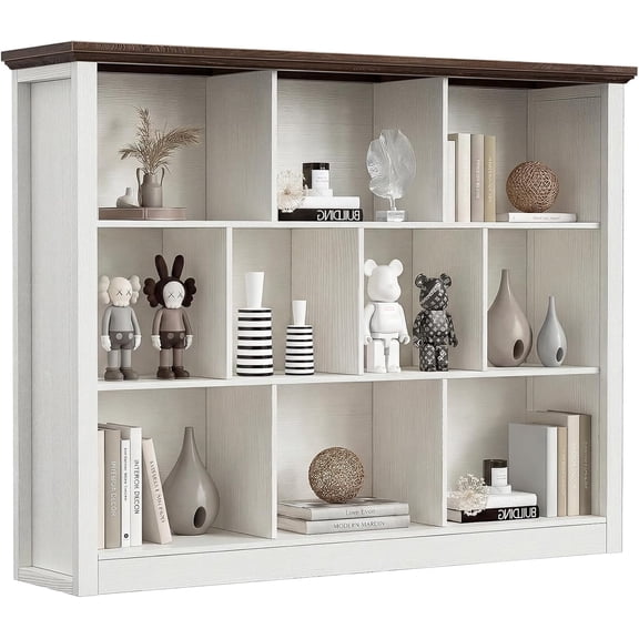 Homieasy 50" Wood Cube Storage Organizer, 10 Cube Storage Book Shelf, Wooden 3 Tiers Floor Standing Low Bookcase for Living Room, Bedroom, Home Office, Kids Room, White & Rustic Brown