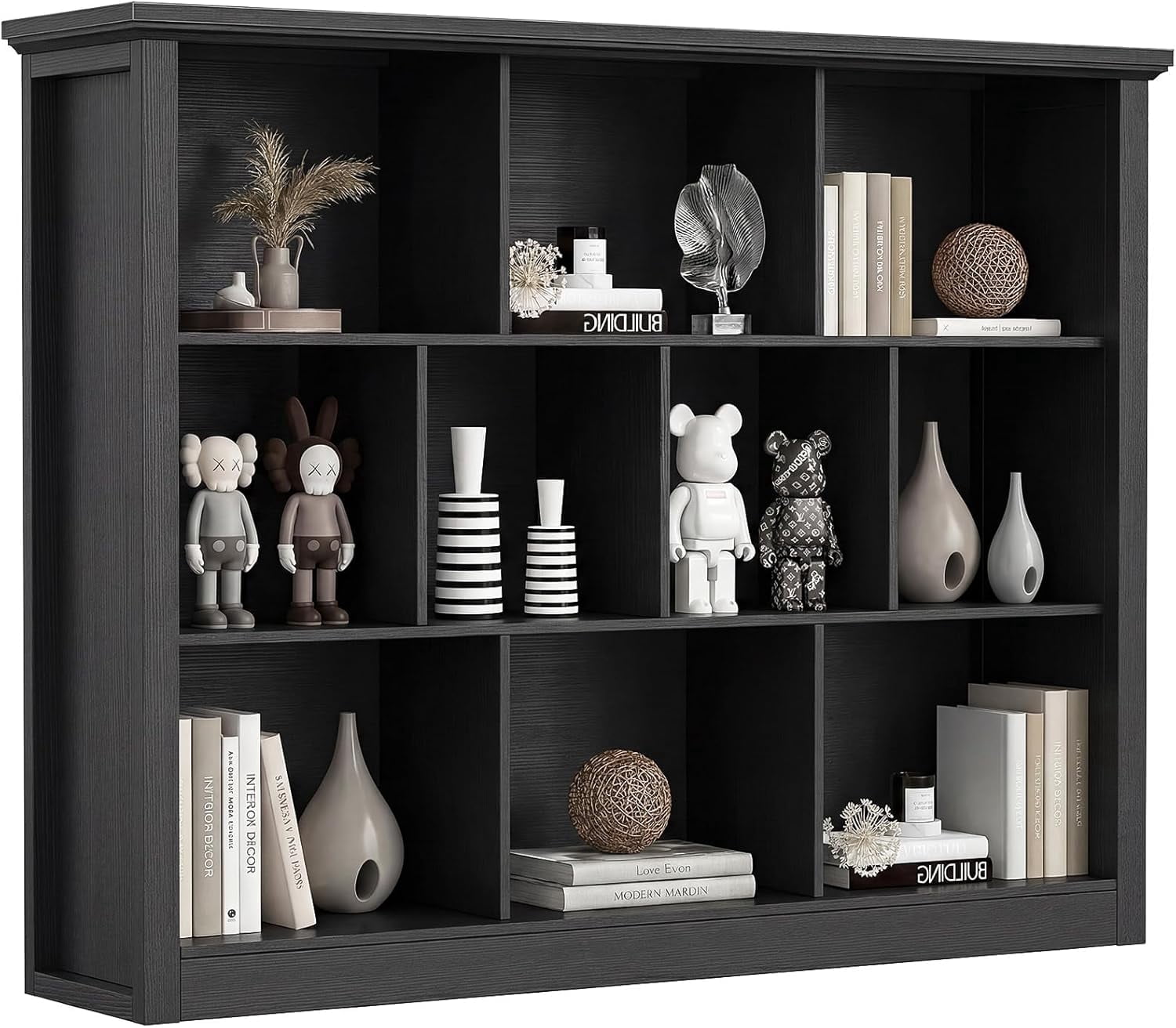 Homieasy 50" Wood Cube Storage Organizer, 10 Cube Storage Book Shelf, Wooden 3 Tiers Floor Standing Low Bookcase for Living Room, Bedroom, Home Office, Kids Room, Black