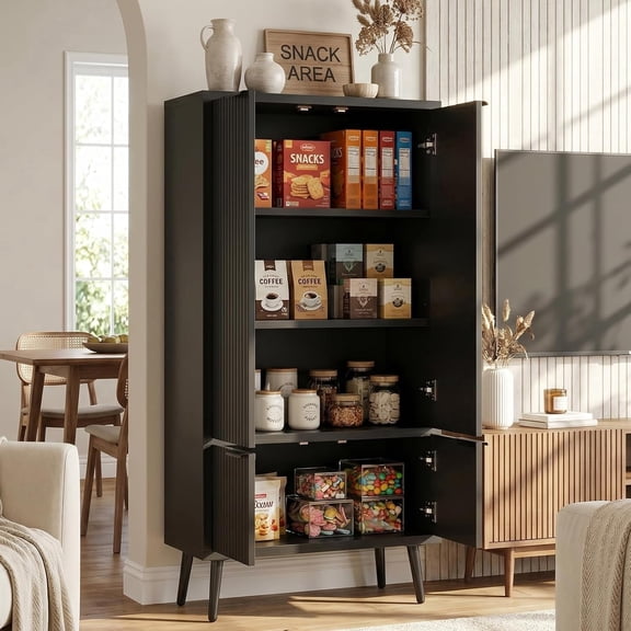 Homieasy 51.2" Freestanding Storage Cabinet with 4 Fluted Doors, Adjustable Shelves & Raised Legs - Wobble-Free Organizer for Bathroom, Kitchen, Living Room,Black