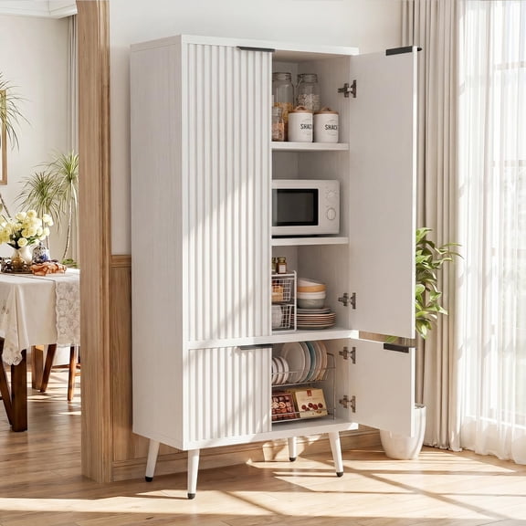 Homieasy 51.2" Freestanding Storage Cabinet with 4 Fluted Doors, Adjustable Shelves & Raised Legs - Wobble-Free Organizer for Bathroom, Kitchen, Living Room,White