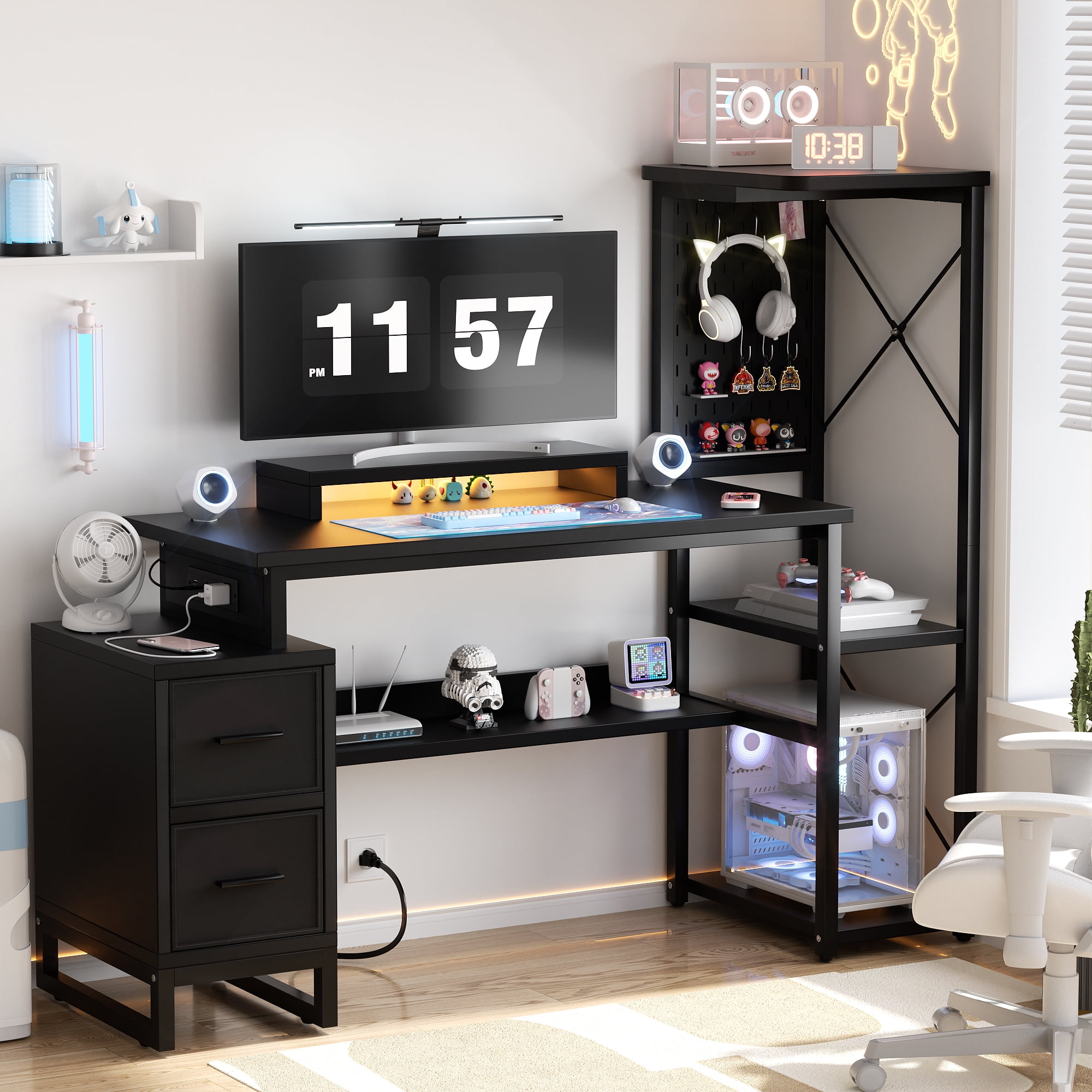 Homieasy 53" Gaming Desk with 2 Fabric Drawers, LED Lights & Pegboard, Reversible Computer Gaming Desk with Power Outlets, Writing Desk with Monitor Stand for Home & Office, Black