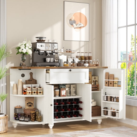 Homieasy Kitchen Sideboard Cabinet Buffet Table with Power Outlets, 55"Coffee Bar Cabinet with Drawer, Wine Rack/Shelves, for Living Room Entryway,White and Brown