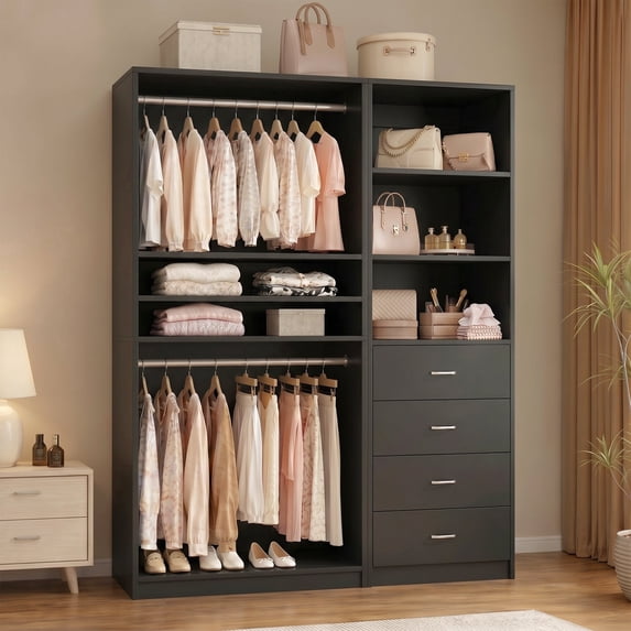 Homieasy 57.3'' W 2-Piece Closet Organizer System with Drawers and Hanging Rods, Black