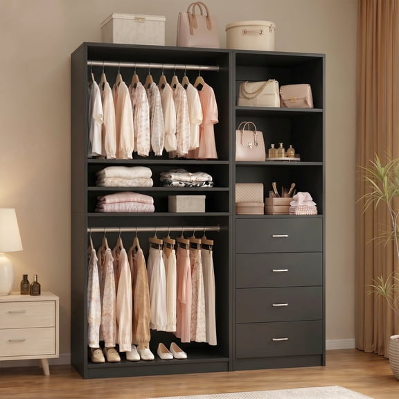 Homieasy 57.3'' W 2-Piece Closet Organizer System with Drawers and Hanging Rods, Black