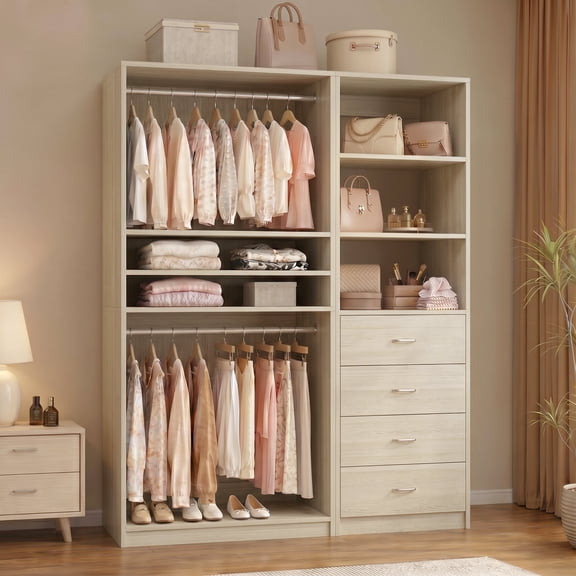 Homieasy 57.3'' W 2-Piece Closet Organizer System with Drawers and Hanging Rods, White Oak