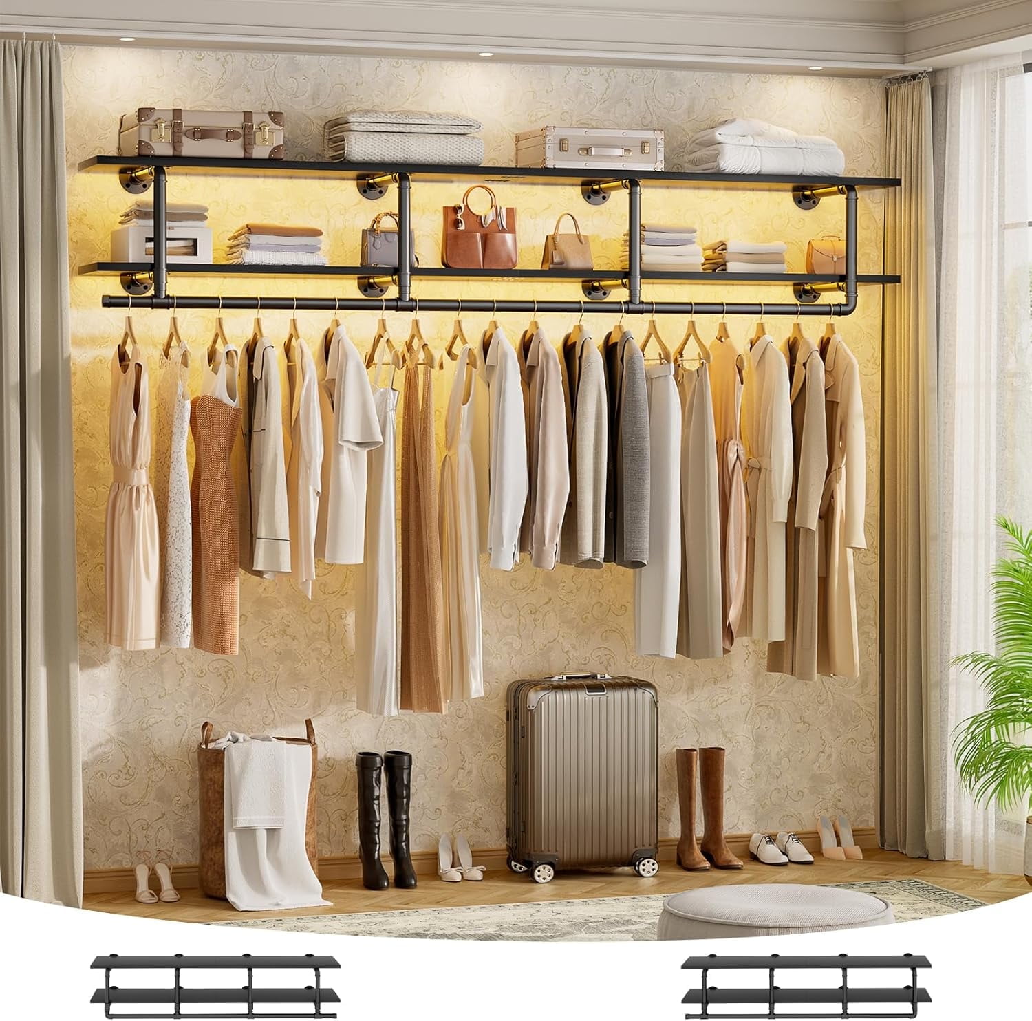 Homieasy 59'' Wall Mounted Industrial Pipe Clothes Rack with Top Shelf ...