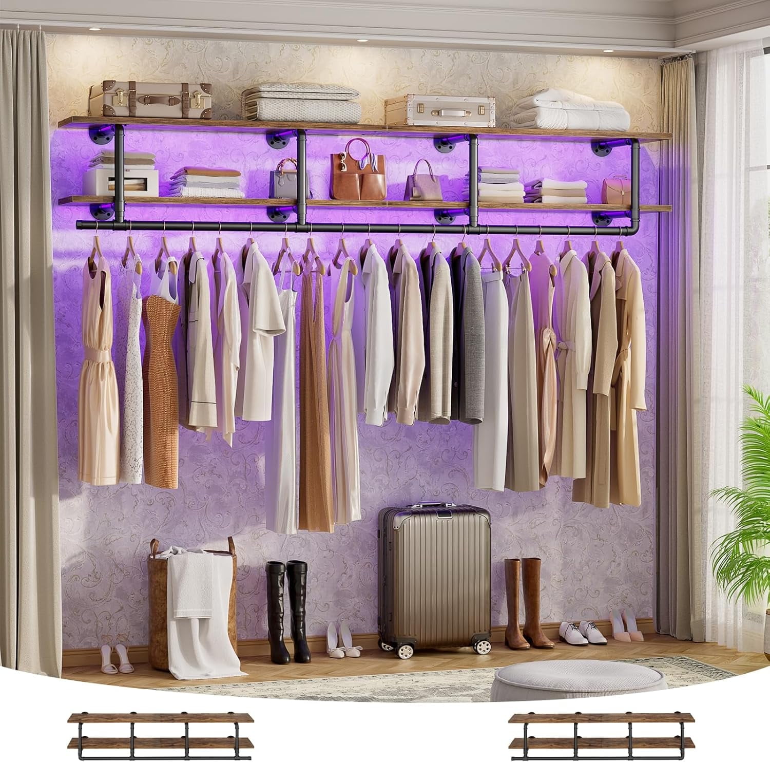 Homieasy 59'' Wall Mounted Industrial Pipe Clothes Rack with Top Shelf ...