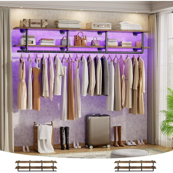 Homieasy 59'' Wall Mounted Industrial Pipe Clothes Rack with Top Shelf, 2 Tiers Space Saving Clothing Rack with Hanging Rod for Closet, Bedroom, Laundry, Rustic Brown