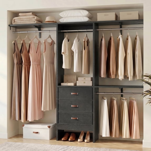 Homieasy 19'' - 59" W Closet System with Drawers and Hanging Rods(cut To Fit), Black
