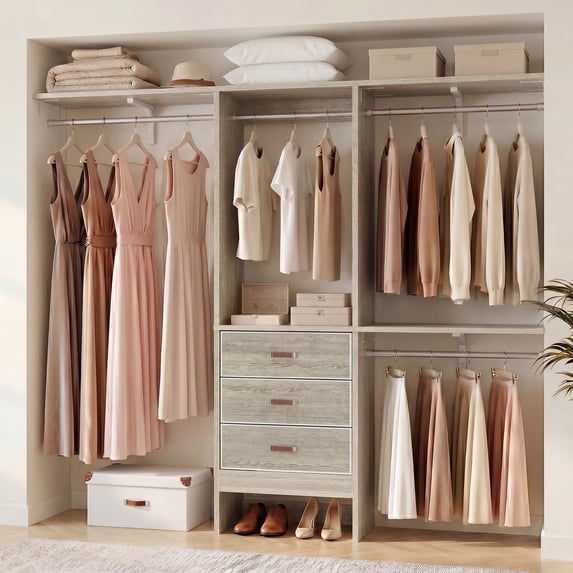 Homieasy 19'' - 59" W Closet System with Drawers and Hanging Rods(cut To Fit), White Oak