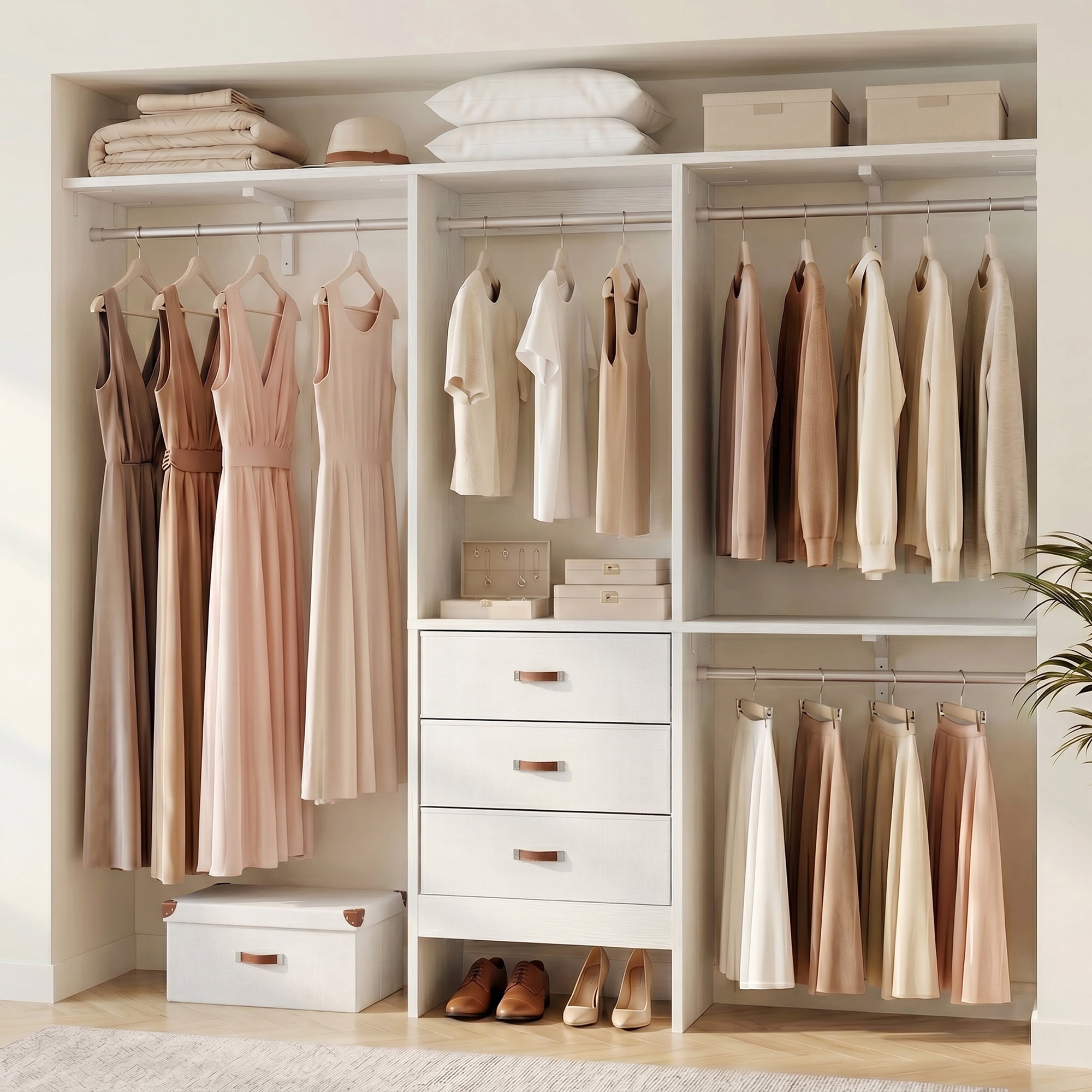 Homieasy 19'' - 59" W Closet System with Drawers and Hanging Rods(cut To Fit),  White