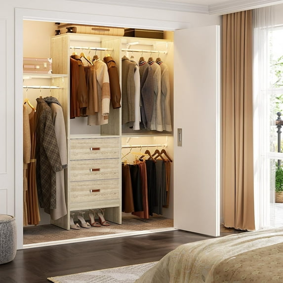 Homieasy 19'' - 59'' W Small Closet System with 3 Fabric Drawers, Walk In Closet Organizer System With 3 Adjustable Shelves, Heavy Duty Clothes Rack Built-In Garment Rack, White Oak