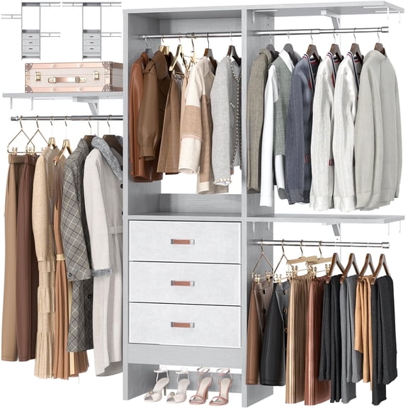 Homieasy 19'' - 59'' W Small Closet System with 3 Fabric Drawers, Walk In Closet Organizer System With 3 Adjustable Shelves, Heavy Duty Clothes Rack Built-In Garment Rack, Grey