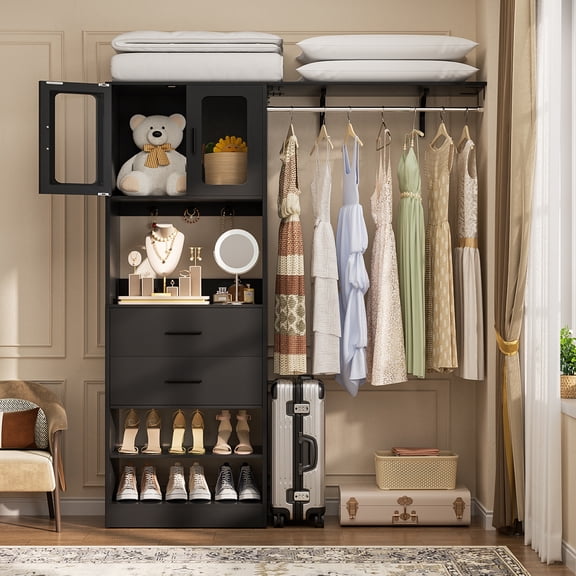 Homieasy 5FT Closet System with Drawers, 60" Closet Organizer with Shelf Tower and Hanging Rod, Garment Rack for Bedroom/Closet/Apartment, Black