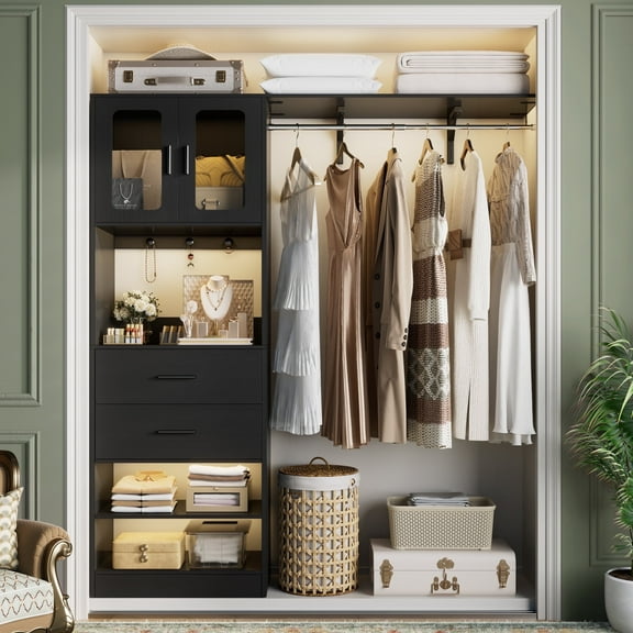 Homieasy 5FT Closet System with Drawers, 60" Closet Organizer with Shelf Tower and Hanging Rod, Garment Rack for Bedroom/Closet/Apartment, Black