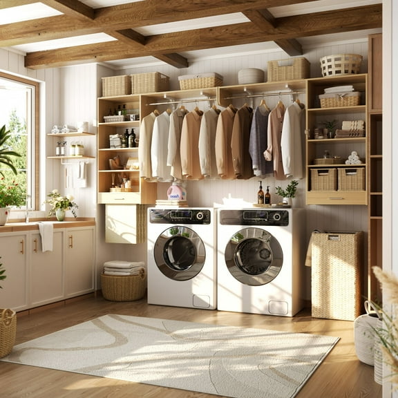 Homieasy 5FT Laundry Organizer with Single Shelf & Hanging Rod, 60" Hanging Closet System with Drawer, Wall Closet with Open Shelves for Laundry, Bedroom, Closet, 60"W x 15.8"D x 52"H, Nature