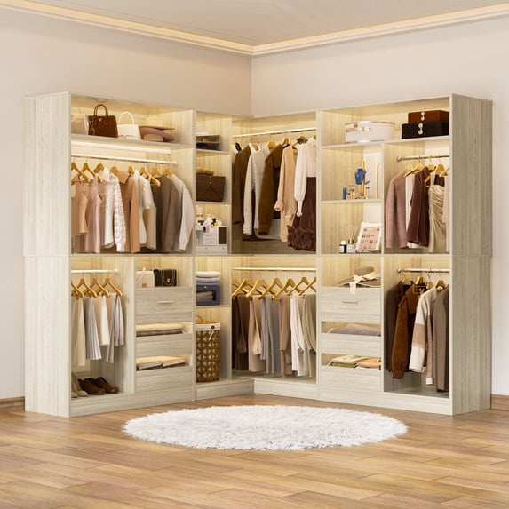 Homieasy 6-9 FT Closet System with Corner, Walk in Closet System with 6 Drawers, 6 Hanging Rods, and Open Storage Shelves, L-Shaped Heavy Duty Wardrobe Closet for Bedroom/Closet/Apartment, White Oak