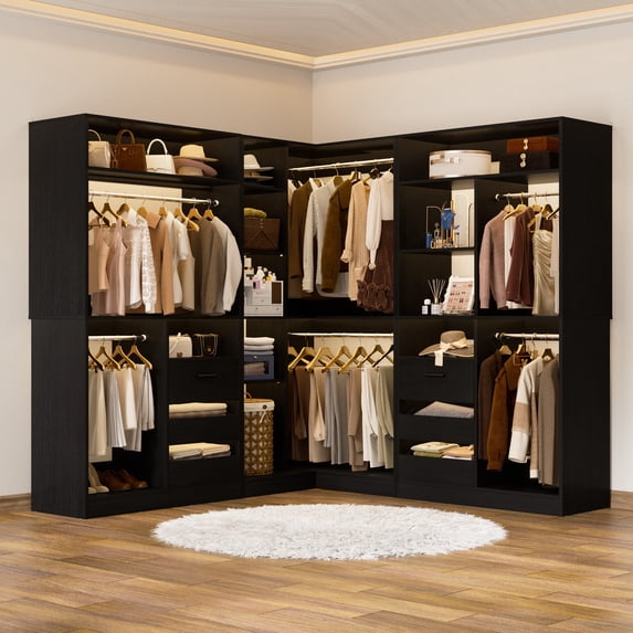 Homieasy 6-9 FT Closet System with Corner, Walk in Closet System with 6 Drawers, 6 Hanging Rods, and Open Storage Shelves, L-Shaped Heavy Duty Wardrobe Closet for Bedroom/Closet/Apartment, Black