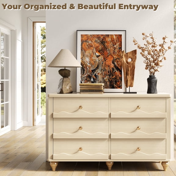 Homieasy 6-Drawer Dresser for Bedroom - 43" Modern Chest of Drawers with Scalloped Front, Storage Organizer for Living Room, Hallway & Entryway,Natural Oak