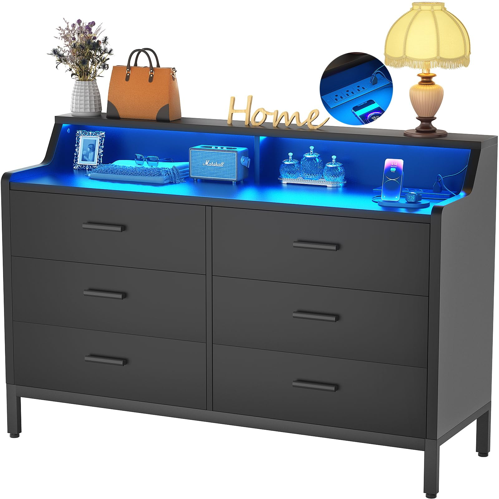 Homieasy Elegant 6 Drawer Dresser with LED Light & Power Outlets ...
