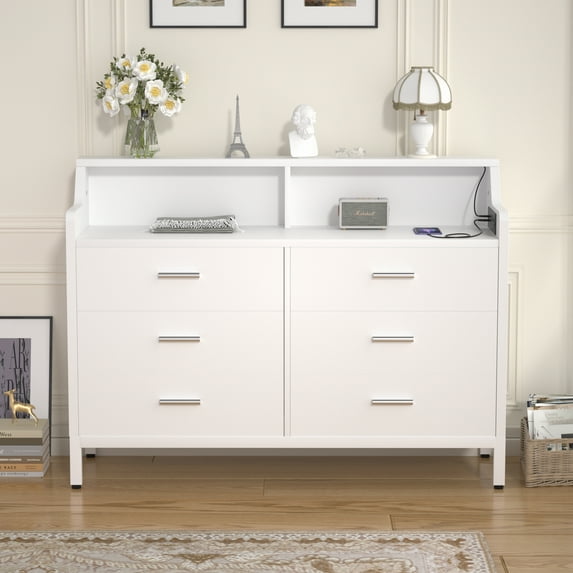Homieasy 6 Drawer Dresser for Bedroom, Wooden Chest of Drawers with Power Outlets and Smart LED Light, Sturdy Modern Bedroom Furniture, Wide Storage Dresser for Living Room, Closet, Entryway, White